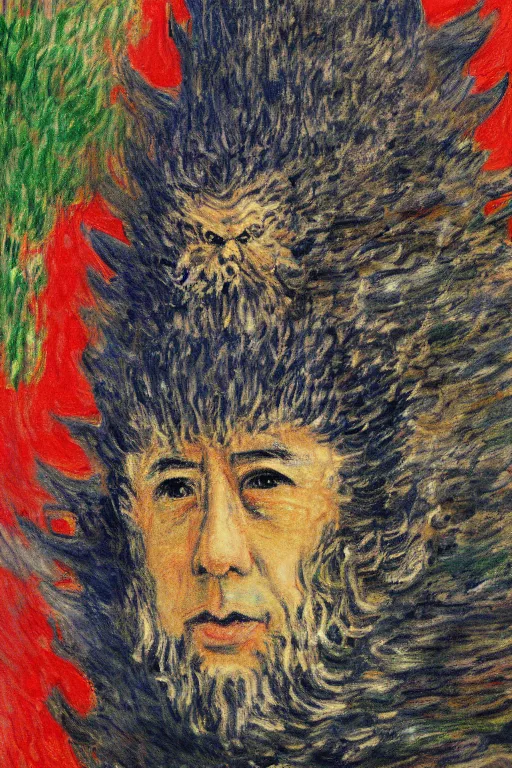 Prompt: portrait of shinzo abe face on Godzilla painting by claude monet