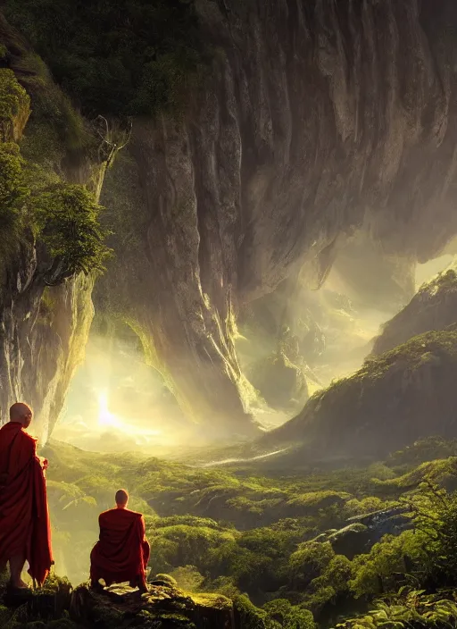 Image similar to a cosmic monk in lord of the rings scenery landscape, looking out at a lush valley, futuristic alien spacecraft in the sky, sunrise, god's rays, highly detailed, vivid color, cinematic lighting, perfect composition, 8 k, gustave dore, derek zabrocki, greg rutkowski, belsinski, octane render