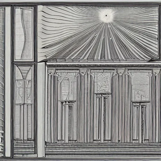 Prompt: full portrait and / or landscape painting for a wall. aether / ether / odin rays & fibonacci sequence on tartarian / roman architecture. fibonacci spacing high definition, axonometric drawings, liminal ( diffusion, spaces, and environments ). latent space environment chirality expression. think like a baby.