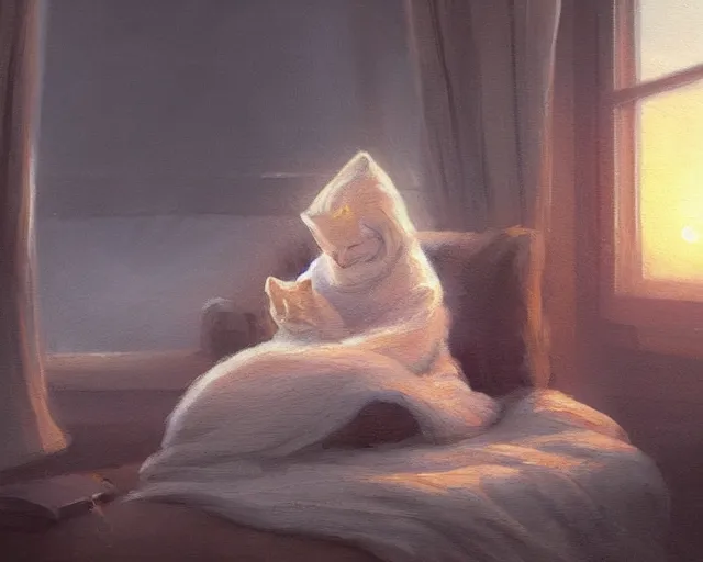 Image similar to a beautiful warm fuzzy painting of a woman curled up with a blanket reading a good book next to her friendly cat who is purring with eyes closed. they are both sitting next to a window as the sun sets in winter, by greg rutkowski, trending on artstation, concept art, lofi, digital illustration