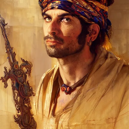 Prompt: highly detailed portrait of a handsome, wealthy kurdish merchant d & d. art by donato giancola, eugene delacroix, ruan jia, carl larsson, peter mohrbacher. trending on artstation, intricate details, energetic composition, fantasy, concept art, illustration, elegant art, global illuminaition