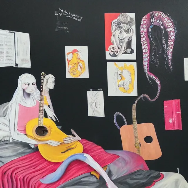 Image similar to a portrait in a female art student's bedroom, black walls, a woman reading das kapital, pancakes, sheet music, electric guitar, surgical supplies, ikebana, sensual, octopus, neo - expressionism, surrealism, acrylic and spray paint and oilstick on canvas