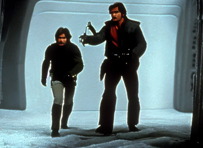 Prompt: film still of Mandy Patinkin!!! as Han Solo in The Empire Strikes Back 1980