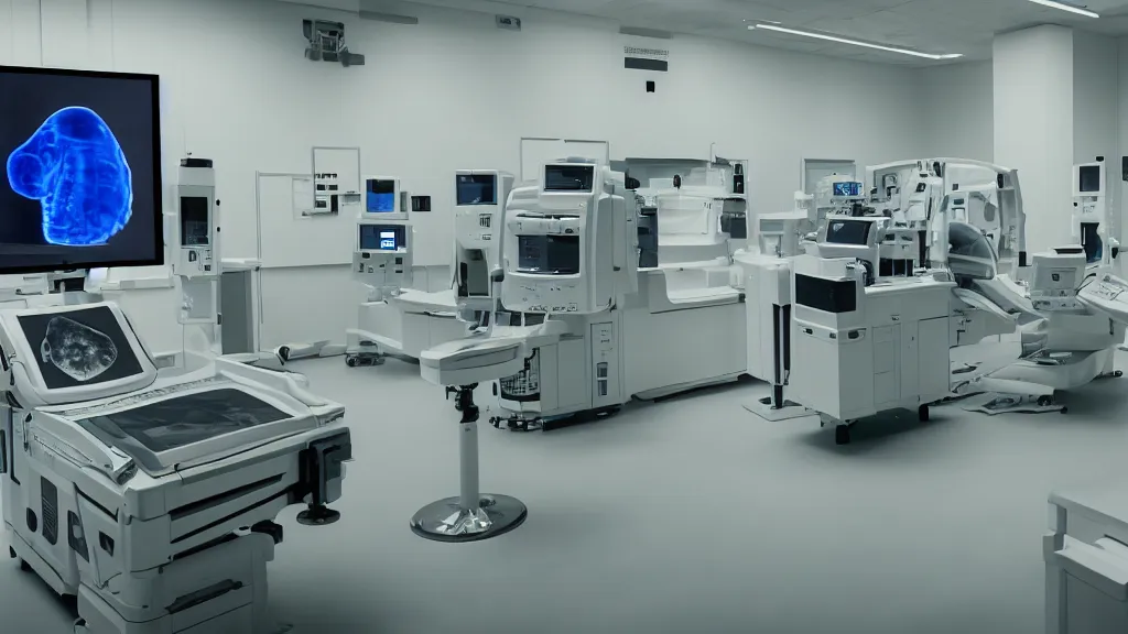 Image similar to an mri image machine and control panels in the inspection room, film still from the movie directed by denis villeneuve with art direction by salvador dali, wide lens