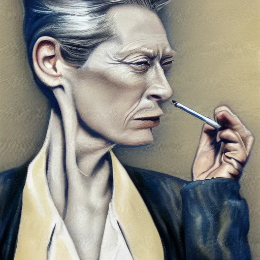 Image similar to an caricature of a young tilda swinton smoking a cigar, realistic oil painting by Mahesh Nambiar, trending on art station, 4K