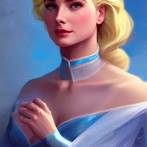 Image similar to Blonde Grace Kelly as Elsa from Frozen, western, D&D, fantasy, intricate, elegant, highly detailed, digital painting, artstation, concept art, matte, sharp focus, illustration, art by Artgerm and Greg Rutkowski and Alphonse Mucha