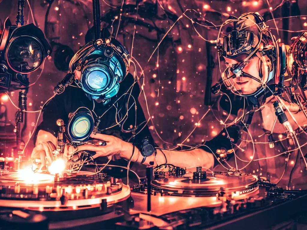 Image similar to a person wearing goggles and visor and headphones using a steampunk record player contraption, wires and tubes, turntablism dj scratching, intricate planetary gears, cinematic, imax, sharp focus, leds, bokeh, iridescent, black light, fog machine, hazy, lasers