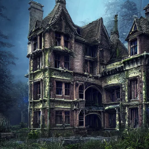 Prompt: overgrown victorian spiderwick abandoned castle, highly detailed, crystal lighting, mystical, ancient forest, hyperrealistic, 4 k, unreal engine, highly detailed, dramatic lighting, magical, beautiful,