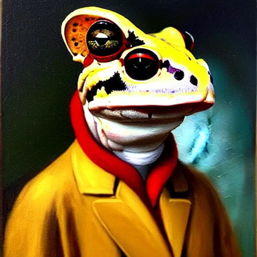 Image similar to a head and shoulders portrait painting of an anthropomorphic!!!!!!!!!! amazon milk frog!!!!!!!!!! wearing a colonial!!!!!!!!!! outfit without a hat looking off camera, a character portrait, romanticism, oil on canvas, visible brushstrokes, intense colors