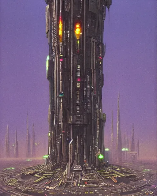 Prompt: cyberpunk tower by ralph mcquarrie and frank lloyd frank lloyd and bruce pennington and ted nasmith