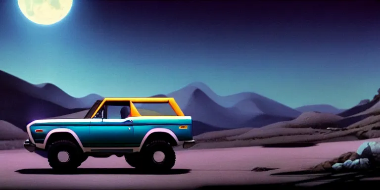 Image similar to a cinematic keyframe matte painting of a sleek 1 9 7 0 s vaporwave concept vehicle retro - futurism sci - fi skey blue ford bronco car in an open garage in the colorado, view from the street. in the moonlight. rocky mountains. by eric lafforgue, glennray tutor and edward hopper, greg rutkowski. trending on artstation.