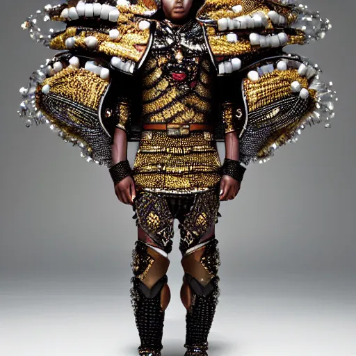 Image similar to a portrait of a beautiful young male wearing an alexander mcqueen armor made of beads , photographed by andrew thomas huang, artistic