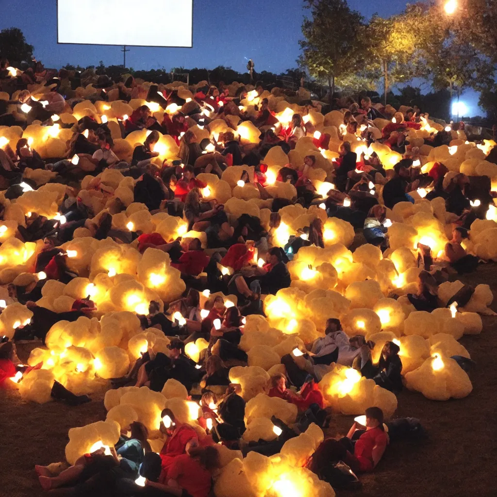 Prompt: outdoor cinema with giant popcorn kernels at night