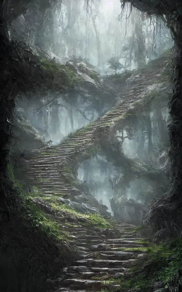 Image similar to the journey of life, each stage is a step in a stairway, detailed, 4 k, octane, a person walking up a set of stairs in the woods, a detailed matte painting by huang ding, cgsociety, fantasy art, mystical, made of mist, matte painting