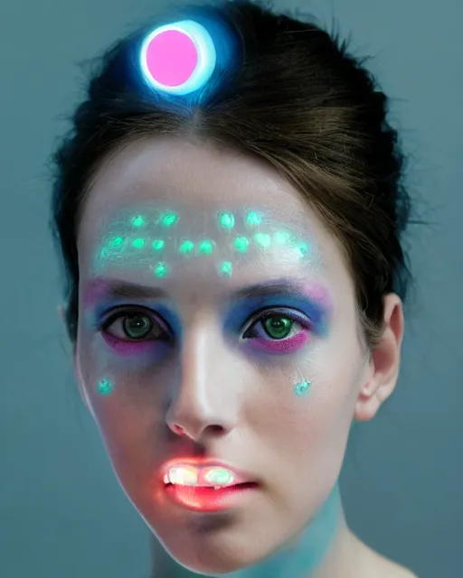 Image similar to natural light, soft focus portrait of an android with soft synthetic pink skin, blue bioluminescent plastics, smooth shiny metal, elaborate electronic jewellery, leds, piercings, face tattoo, skin textures, by annie liebovotz, paul lehr,