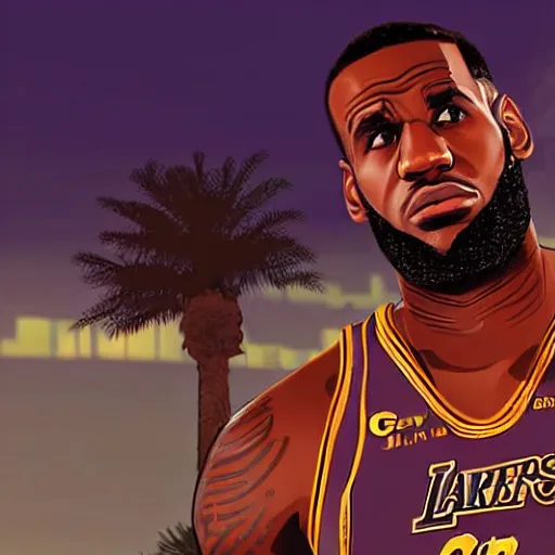 Image similar to Lebron James in GTA V . Los Santos in background, palm trees. in the art style of Stephen Bliss