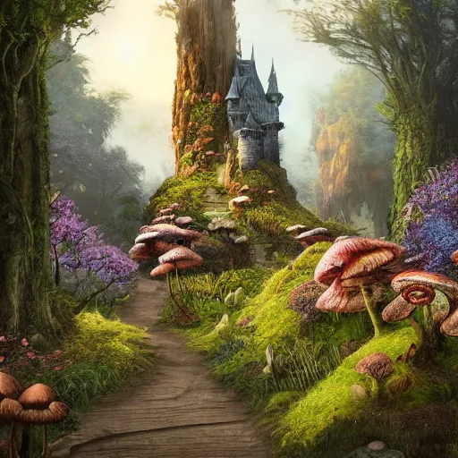 Image similar to A beautiful digital painting of a fantasy castle tower standing alone in the wood covered in flowers, mushrooms and moss with a door and windows and a front path and garden in the shire by Stanley Artgerm Lau, frank frazetta, Rossdraws, James Jean, gerald brom, Andrei Riabovitchev, Marc Simonetti, and Sakimichan, trending on artstation, SFW version