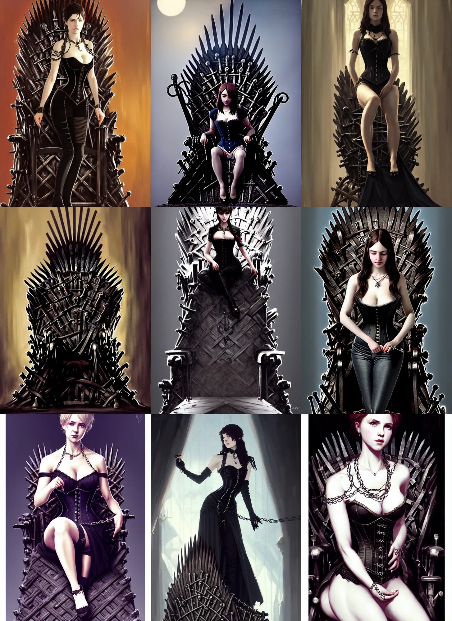 Prompt: an elegant gothic princess, very tight corset, chains, on the iron throne, full body, style of ilya kuvshinov and greg rutkowski, masterpiece, very high quality, intricate, high resolution