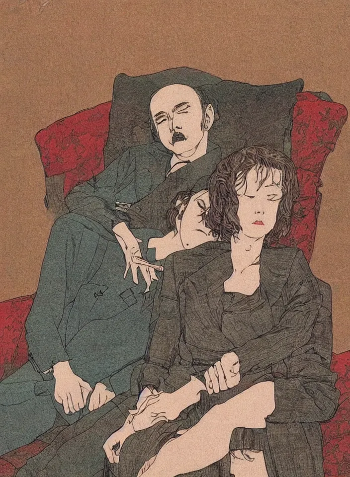 Image similar to early color photo of an old dead couple sitting on a couch in an old soviet apartment, art by Takato Yamamoto. highly detailed high resolution