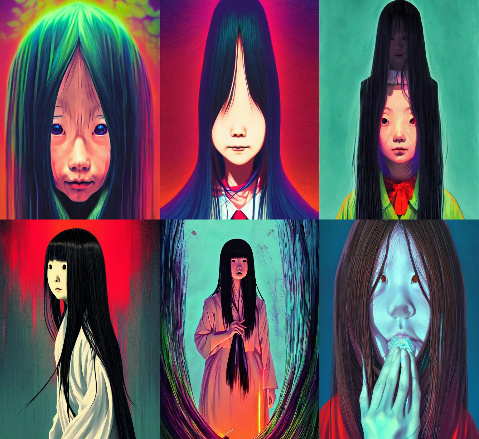 Prompt: portrait of sadako of the ring, vibrant colors, horror lighting, digital art, winning award masterpiece, fantastically eerie, illustration, upscale with simon stalenhag work, trending on artstation, art by alex ross