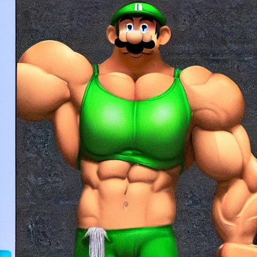 Prompt: Amazing detailed render of a shirtless Luigi as a body builder in a weight lifting competition, extremely muscular, steroids, veins popping out, lifting a massively oversized weight, a crowd is cheering in the background, 3D, unreal engine, HDR, massive muscles, detailed face with moustache, detailed eyes with pupils, face is visible, detailed green Luigi \'L\' around his waist on a golden belt