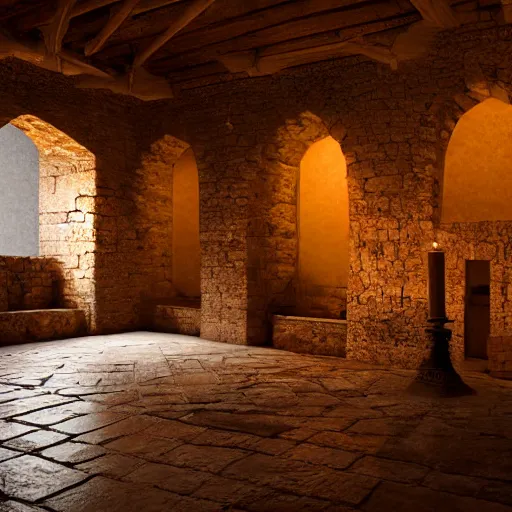 Image similar to the interior of a medieval castle with knights templar, diffused light, candles, mystical