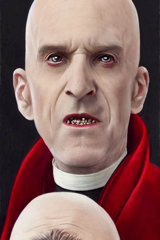 Prompt: a bald pale sorcerer in his late ninetees. stately and dour in his expression. eyeliner accentuates his sunken eyes. a high black turtleneck covers his thin neck. opulent white golden red robe. white leather gloves with gold decoration, his face a mix of steeve jobs and benedict xvi, sharp focus, art by magali villeneuve