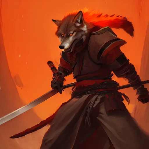 Image similar to commission portrait of a orange wolf dressed as a samurai holding a katana,dramatic,character design by charles bowater,greg rutkowski,ross tran,hyperdetailed,hyperrealistic,4k,deviantart,artstation,professional photography,concept art