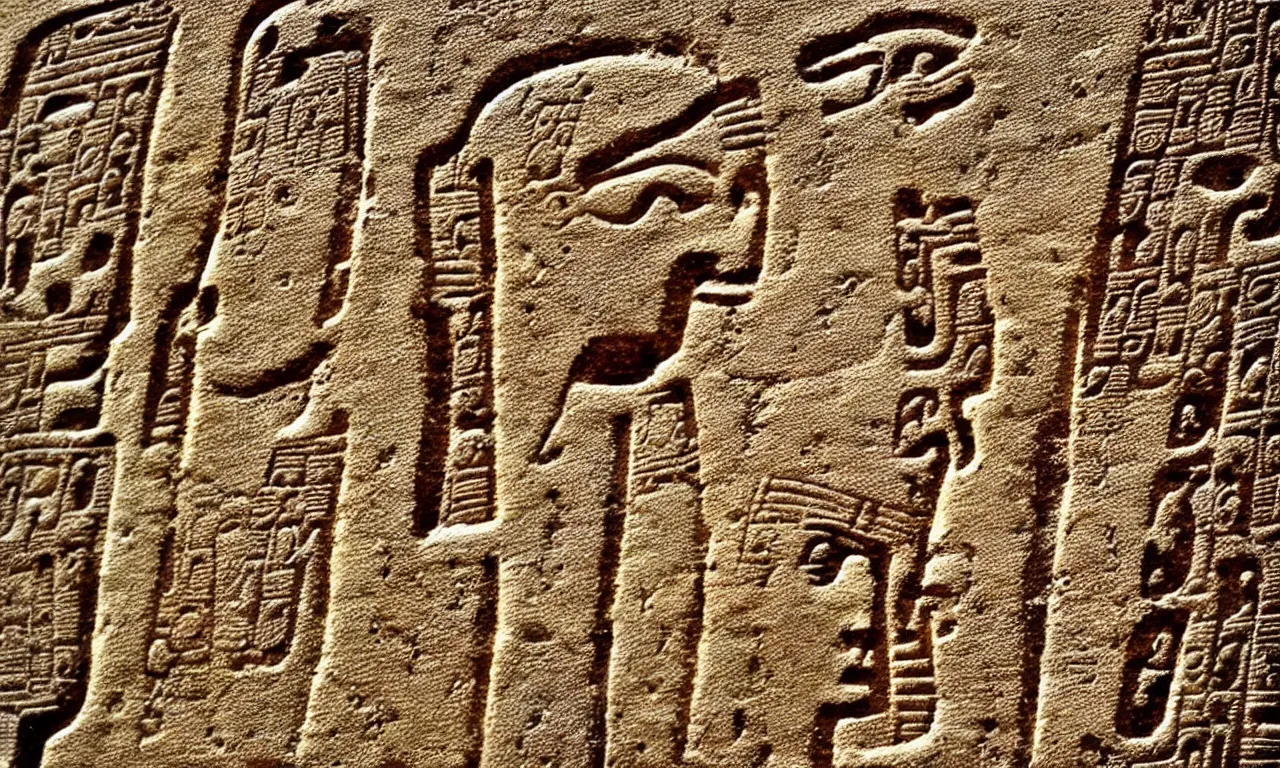 Image similar to ancient hieroglyphics depicting nicolas cage. dslr photograph, high resolution, intricate details, photorealistic.