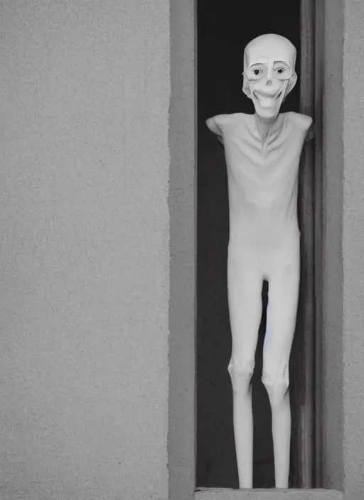 Prompt: A creepy tall thin pale man peering out from the corner, smiling