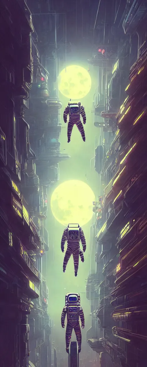 Image similar to A picture of an astronaut floating upside down in a cyberpunk surreal city with a full moon by Jordan Grimmer, Jean Giraud and Neil Blevins trending on artstation