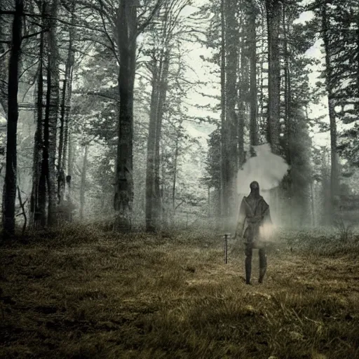 Image similar to stranger in mystical post apocalyptic forest