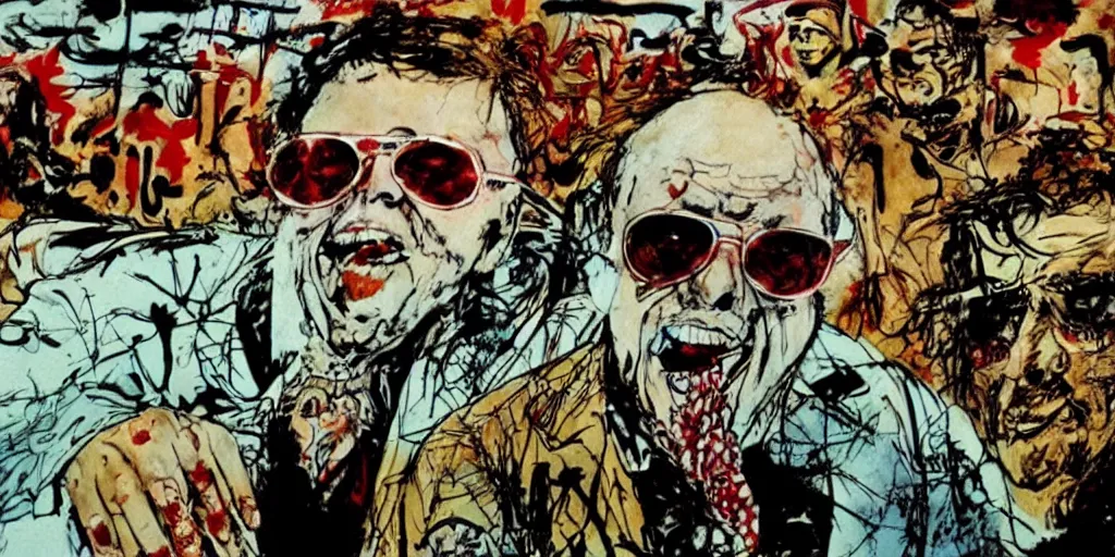 Image similar to fear and loathing in florida, by ralph steadman art in a terry gilliam movie, cinematic frame, hunter s thompson,