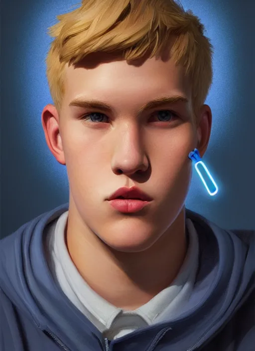 Image similar to portrait of high school senior boy named big moose, blonde short hair, jock, beefy, wide face, square jaw, square facial structure, blue varsity jacket with letter r, intricate, elegant, glowing lights, highly detailed, digital painting, artstation, concept art, sharp focus, illustration, art by wlop, mars ravelo and greg rutkowski