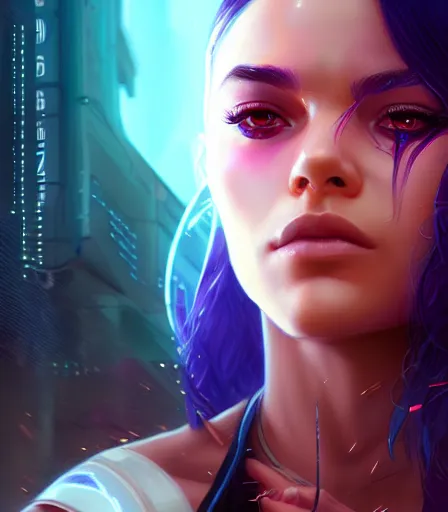 Prompt: beautiful portrait of a cyberpunk goddess who looks like Vanessa Hudgens , character design by charlie bowater, ross tran, artgerm, and makoto shinkai, detailed, soft lighting, rendered in octane