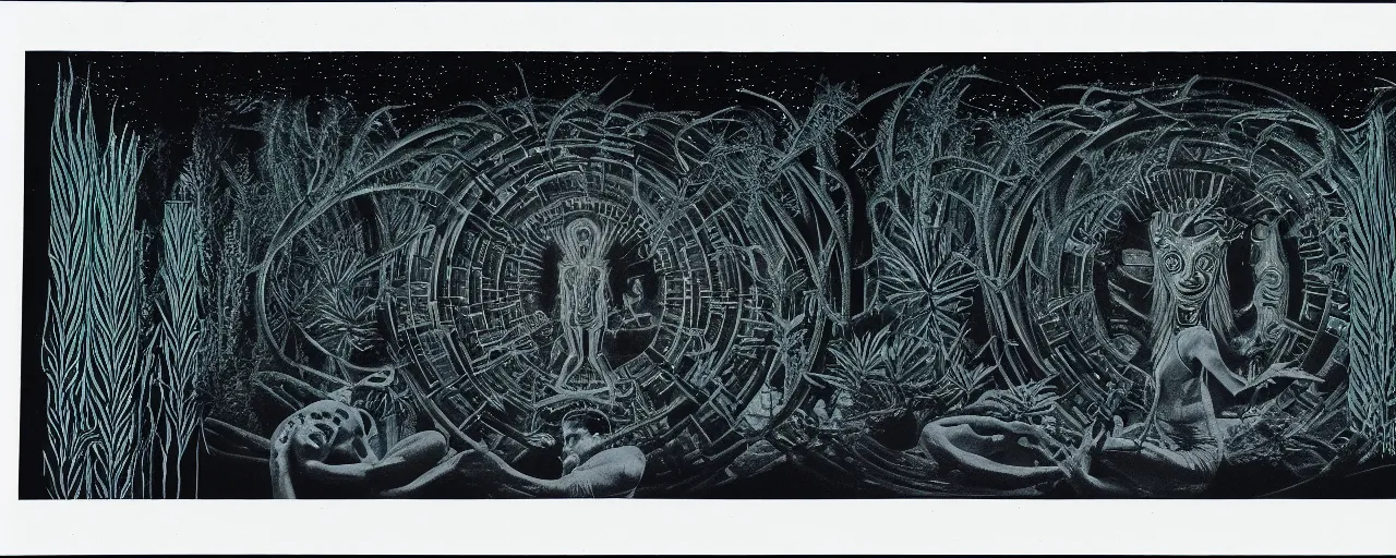 Image similar to 1978 cut out collage, theater stage, neon Roman, dusk on Jupiter, epic theater, deep sea ambience, ancient plants, film noir, in part by Alex Grey, part by Hale Woodruff, composition August Ferdinand Möbius, written by H. P. Lovecraft