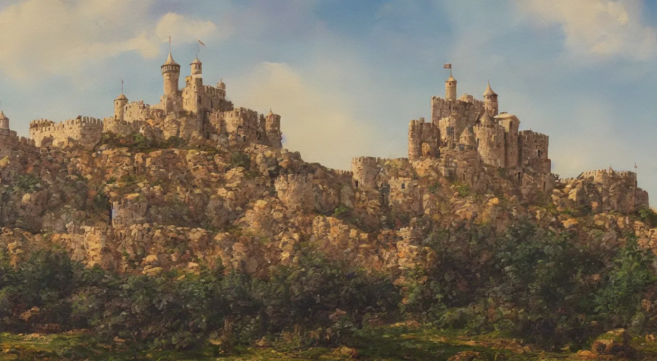 Image similar to a landscape painting of a byzantine castle, trending on artstation