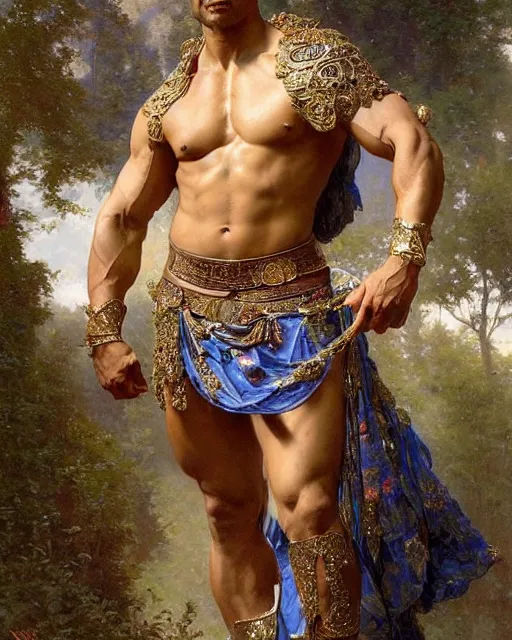 Image similar to Dwayne Johnson, dressed in ornate, detailed, intricate iridescent opal armor, detailed oil painting by William Adolphe Bouguereau and Donato Giancola