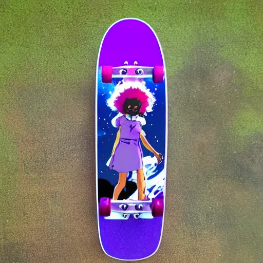 Image similar to black woman with purple dreads longboarding in space in the style of ghibli