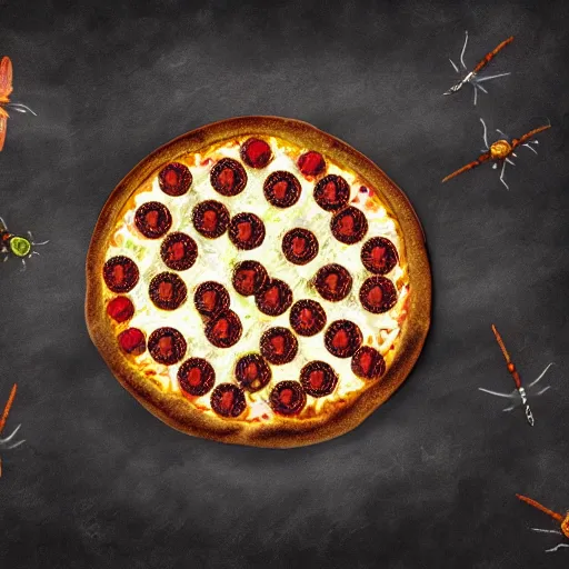 Prompt: a pizza covered in maggots and other insects. concept art illustration, hyper realistic, 4 k