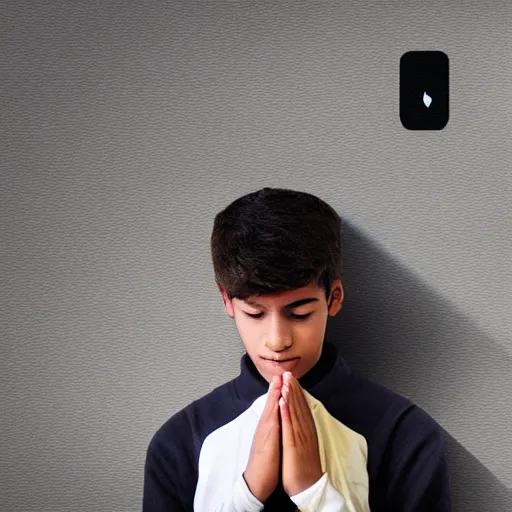 Image similar to a male teenager praying for a divine smartphone in front of him, digital art