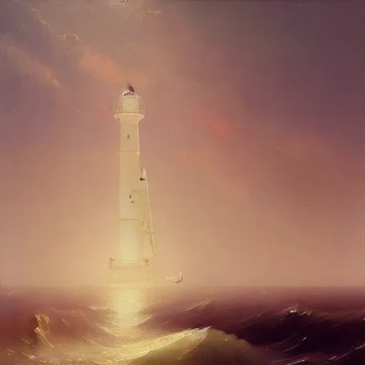 Prompt: painting of a singular lighthouse, shining its light across a tumultuous sea by Aivazovsky, Trending on artstation