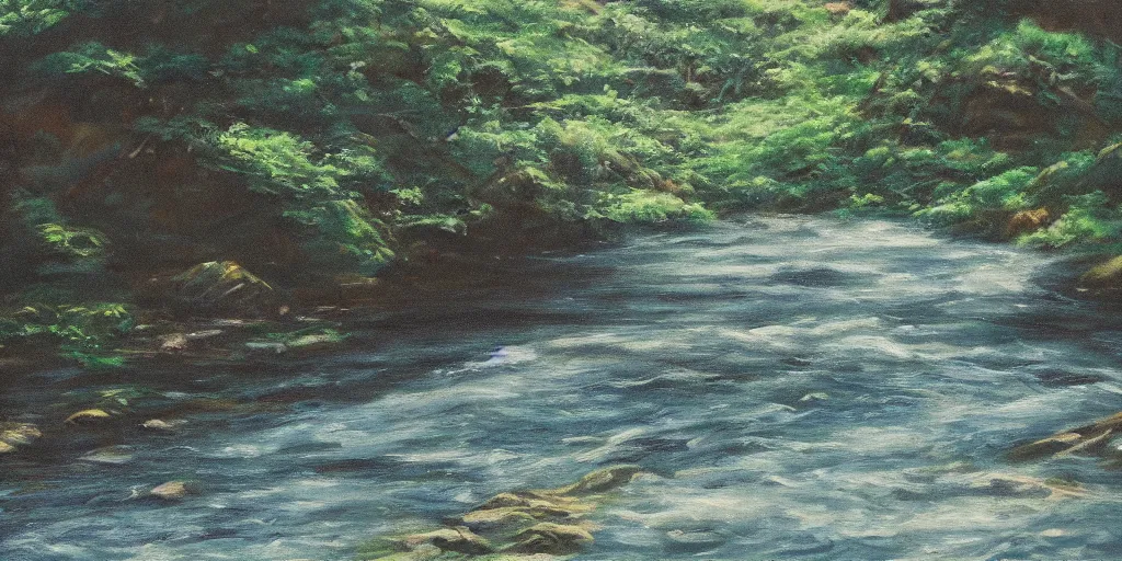 Image similar to a river, cinematic angle, studio Ghibli, cinematic lighting, detailed oil painting, hyperrealistic, 8k