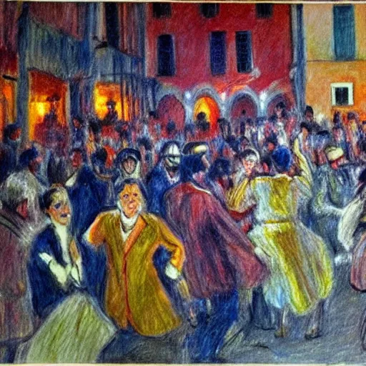 Image similar to impressionist drawing of a strobo lights party in the streets of an old south italy town, hig definition, many people dancing