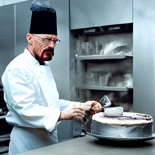 Image similar to walter white cooking a cake with chef hat