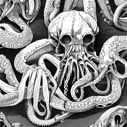 Image similar to a rib cage filled with octopuses wrapping their tentacles around the shining white bones, fantasy illustration