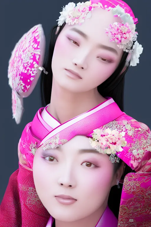 Prompt: portrait of a gorgeous japanese beauty wearing kimono, pink zen style, photorealistic portrait, porcelain skin, beautiful eyes and face, smooth, 8 k uhd, beautiful volumetric lighting