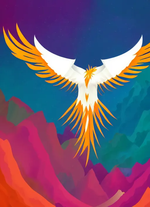 Image similar to white phoenix on colourful realistic salt mountain simple background simplified design geometric graphic design flying phoenix in the deep clouds thick