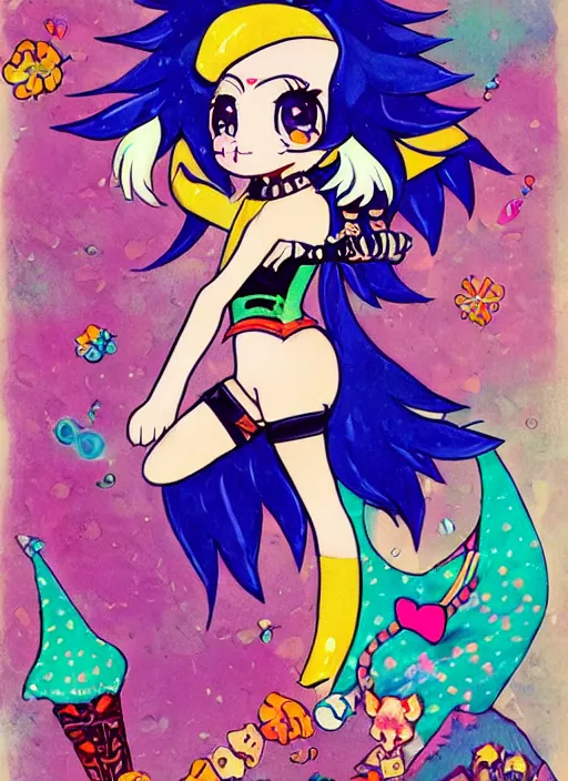 Image similar to A vintage painted illustration of an adorable chibi rogue fox anime girl in the style of Lisa Frank Babs Tarr Hantine Hsu sitting in a couture leather and spike vest that has skulls on it