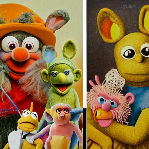 Image similar to painting of muppets and teletubbies and furbies, in the style of hieronymus bosch and johannes vermeer